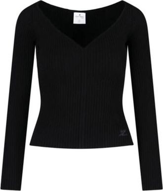 Courr&egrave;ges Ribbed Boat Neck Long Sleeve Top - Dames - V-hals truien - Zwart - M - Polyester - Truien & Vesten