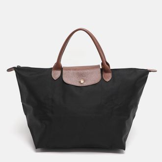 Longchamp Brown/black Nylon And Leather Medium Short Le Pliage Tote