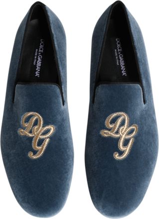 Dolce & Gabbana Mens Blue Velvet Dg Logo Loafers Formal Shoes Leather
