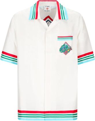 Casablanca Camicia a Manica Corta con Colletto Cubano - Heren - Korte mouwen Overhemden - Wit - S - Satijn - Overhemden