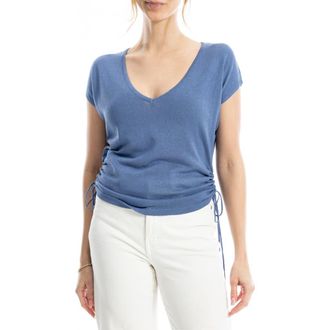 Max Studio Side Ruched Short Sleeve V-Neck Sweater in Denim at Nordstrom Rack, Size Large