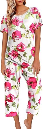 Generic Womens Short Sleeve Pyjamas Set - Printed Pyjama Top & Cropped Pants Ladies Loungewear Soft Pajamas Round Neck Shirt 3/4 Length Pants Pj Shorts Set Co