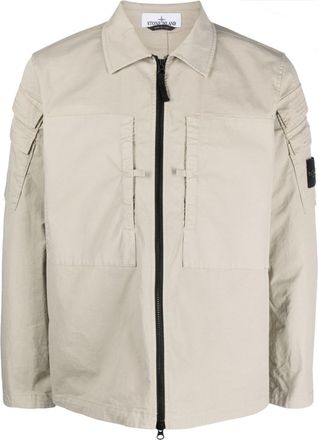 Stone Island Compass-patch zip-up shirt jacket - men - Cotton/Elastane - XXXL - Neutrals