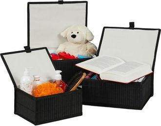 Relaxdays Relaxdays - Set of 3 Bamboo Storage Baskets, Storage Boxes with Lid, Bamboo Container, Decorative Storage, Black