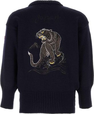 Junya Watanabe Mens Embroidered Wolf Motif Sweater Navy Wool