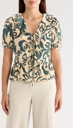 T Tahari Puff Sleeve Ruffle Peplum Top in Natural/Green Swirl Print at Nordstrom Rack, Size X-Large
