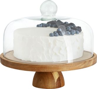 MegaChef Acacia Wood Multi-Function Cake Stand with Glass Dome Lid