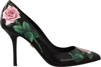 Dolce & Gabbana Black Leather Roses High Heels Pumps Womens Shoes