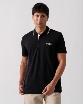 HUGO BOSS Paddy Pro Mens Cotton Blend Polo Shirt With Contrast Logos - Black - Size Medium