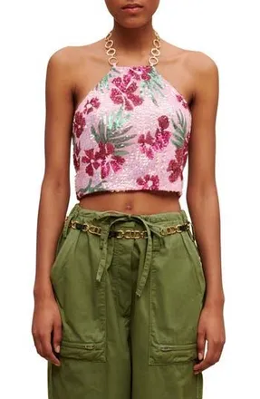Maje Lustik Floral Sequin Crop Halter Top in Print Pink Hibiscus at Nordstrom Rack, Size 4 (Fits Like 10 Us) / 42 Eu