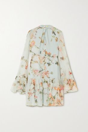 Erdem Abito Mini In Voile Di Seta Floreale Con Ruches Concetta - Verde