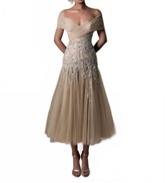 Tarik Ediz Lana Off The Shoulder Tea-Length Dress In Stone