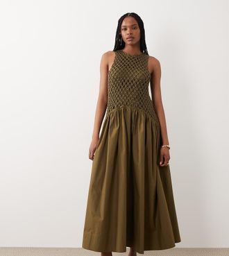 Asos Tall ASOS DESIGN Tall - Vestito lungo in macram&eacute; verde oliva con vita scesa e gonna in popeline