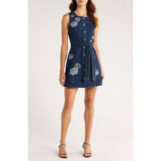 Cinq &agrave; Sept Marsha Floral Appliqu&eacute; Tie Waist Denim Dress in Fontaine at Nordstrom Rack, Size 14
