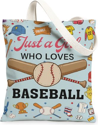 Generic Baseball Theme Canvas Tote Bags, Fun Sports Pattern Reusable Grocery Bags, Summer Lightweight Washable Shoulder Strap, Light Blue, 13x15 Inch