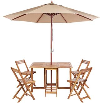 Beliani Conjunto De Jard&iacute;n 6 Piezas Mesa De Exterior 4 Sillas Plegable De Madera De Acacia Con Sombrilla Frassine