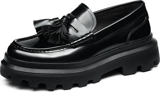 Generic Mens Slip on Platform Loafers Round Toe Patent Leather Office Dress Shoes Low Block Heel Casual Shoes with Tassel,Black,4.5 UK