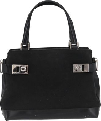 Ferragamo Double Gancini Side Buckle Tote Canvas Black Canvas Handbag (Pre-Owned)
