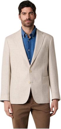 Brooks Brothers Pied de Poule Linnen-Wollen Blazer - Heren - Blazers - Beige - L - Wol - Jassen