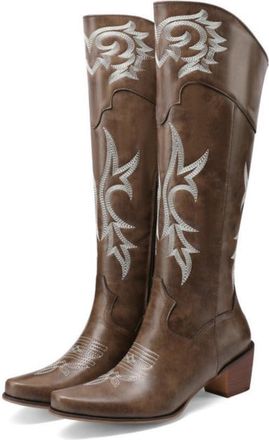 Generic Embroidery Detail Chunky Heel Boots - Retro Western Riding Style in a Comfortable Knee High Design,Brown,5.5 UK