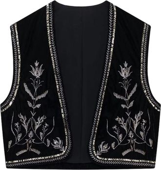 Generic Women Vintage Floral Embroidered Vest Y2k Sleeveless Open Front Waistcoat Boho French Short V Neck Beaded Embroidered Velvet Vest Top