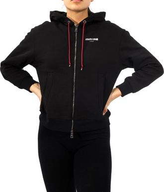 Roberto Cavalli Ladies Black Cotton Lucky Symbols Zip Hooded Sweatshirt, Brand Size 38 ( US Size 4 )