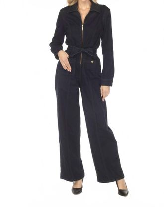 Joseph Ribkoff Zip Front Belted Denim Jumpsuit In Indigo Blue
