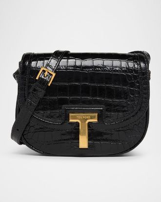 Tom Ford Wallis Mini Flap Shoulder Bag in Shiny Croc-Embossed Leather
