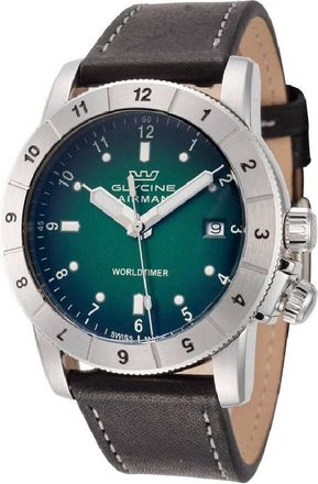 Glycine Airman Contemporary Worldtimer Quartz Green Dial Mens Watch GL1021