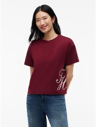 Tommy Hilfiger Womens Relaxed Fit Script Monogram T-Shirt - Burgundy - XXL