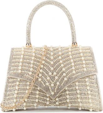 Girly HandBags Womens Beaded Top Handle Evening Bag - Geometric Pattern Hard Case Purse with Chain Strap for Weddings, Parties, and Formal Events Medium Gold