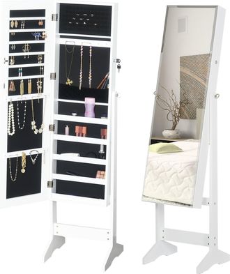 HOMCOM Jewelry Cabinet Standing Mirror Full Length Makeup Lockable Armoire Storage Organizer White | TJ Hughes