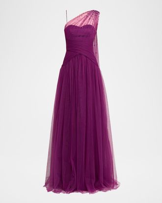 Pamella Roland Embellished Tulle One-Shoulder Cape Gown