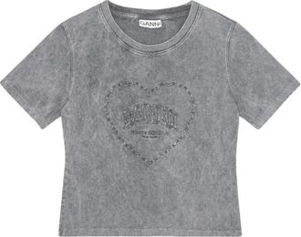 Ganni Tops, Dames, Grijs, M, Katoen, Hart Klein T-shirt van zwaar katoen