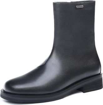 Generic Mens PU Leather Mid-Calf Boots with Side Zipper Flat Heel Platform Casual Boots Square Toe Short Boot,Black,8.5 UK