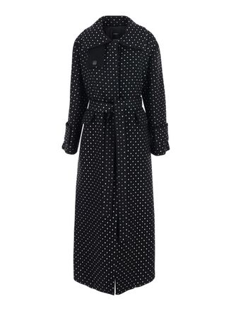 Pinko Paquita Black Rhinestoned Coat With Belt In Wool Blend Woman