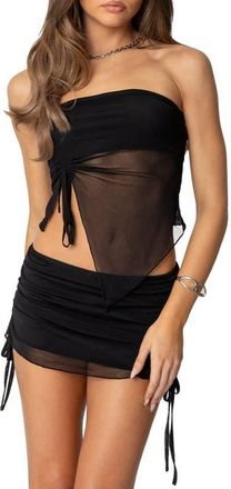 Edikted Joy Asymmetric Sheer Mesh Tube Top in Black at Nordstrom, Size X-Small