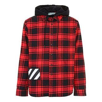 Off-white Plaid Splicing hooded Shirt Red Black Plaid Red Black OMGA061E18A270012000
