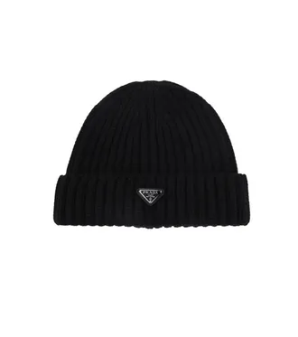 Prada Black Triangle Logo Beanie Hat