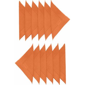 Solino Home Linen Cocktail Napkins Set of 12, 6 x 6 Inch for Dining Table, Holiday and Everyday Table Decor - Classic Hemstitch in Pumpkin at