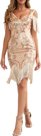 Angel Fashions Womens Vintage Sequin Fringe Cocktail Dress V-Neck Irregular Hem Bodycon Backless Party Dresses Medium Champagne