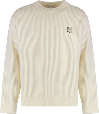 Maison Kitsun&eacute; Lange Mouw Geribbelde Wollen Trui - Heren - Ronde hals truien - Beige - M - Wol - Truien & Vesten