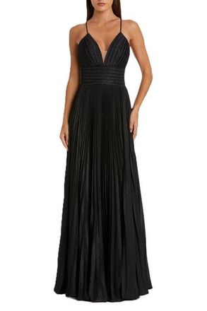 Mac Duggal Shimmer Pleated Plunge Neck Criss Cross Back Gown in Black at Nordstrom, Size 12