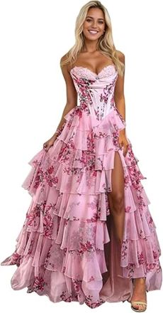 Generic Corset Floral Tiered Prom Dresses for Women, Strapless Long Ruffle Formal Evening Gowns with Slit Long Evening Gown (Pink,L)