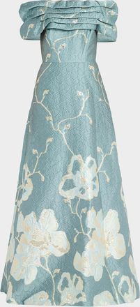 Teri Jon Off-Shoulder Metallic Jacquard Gown