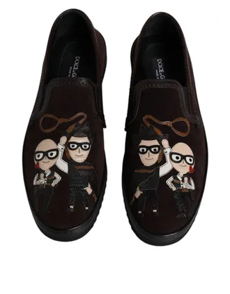 Dolce & Gabbana Mens Brown Suede Dg Family Slip On Flats Shoes Cotton