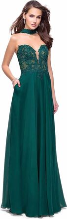 La Femme Strapless Lace Detail Evening Gown In Hunter Green