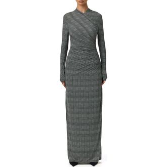 Naked Wardrobe Houndstooth Overlap Neck Long Sleeve Maxi Dress in Houndstooth Plaid at Nordstrom, Size X-Small