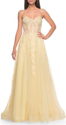 La Femme Sweetheart Strapless Gown with Beautiful Lace Applique in Pale Yellow at Nordstrom, Size 00