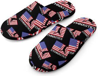 Generic American Flag Gymnastics Flannel Mens Slip-on Slippers Winter Warm House Shoes with Rubber Sole for Home Hotel